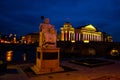 SKOPJE, NORTH MACEDONIA: Justinian I statue in Skopje. White marble monument Justinian the Great Emperor