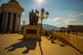 SKOPJE, NORTH MACEDONIA: Statue of Cyril and Methodius beside the Macedonian Archaeological Museum.