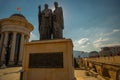SKOPJE, NORTH MACEDONIA: Statue of Cyril and Methodius beside the Macedonian Archaeological Museum.