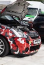 Skradin Croatia, June 2020 Citroen C2 racecar with jumbo red tiger camouflage pattern parked in a race car paddock, prepairing for