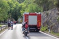 Skradin Croatia, June 2020 Rear view of a big rear Croatian fire truck, returning from a racing eventyellow, medieval, banner,