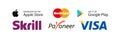 Skrill, Payoneer, Mastercard, Visa - popular payment systems. Google Play Store and Apple App Store buttons. Vector illustration.
