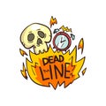 Skull, alarm clock and Deadline word in the fire, time limit vector Illustration on a white background