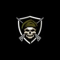 Skull army head with cross rifle and shield vector badge logo template