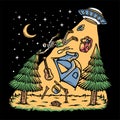 Skull attacked by ufo while camping illustration