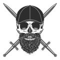 Skull with beard and mustache in gangster gatsby tweed hat flat cap with knight sword vintage vector illustration