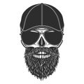 Skull with beard and mustache in gangster gatsby tweed hat flat cap and sunglasses vintage vector illustration