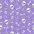 Skull and bone seamless pattern on purple background. halloween skull pattern background. Royalty Free Stock Photo