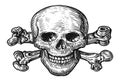 Skull and Bones. Human skeleton head. Pirate symbol Jolly Roger. Hand drawn vintage sketch illustration Royalty Free Stock Photo