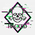 Skull and bones illustration with inscription hacked in glitch style