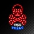 Skull With Bones Neon Sign.Trick Or Treat. Halloween Bright Signboard, Light Banner. Logo, Label, Emblem. Vector
