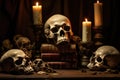 skull and books and candles. Halloween concept