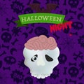 Skull with brains on happy Halloween card