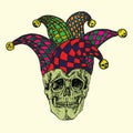 Skull in checkered jester hat, hand drawn doodle, sketch in woodcut style