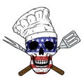 Skull in chef hat, crossed barbecue tools and American flag. Chef skull.