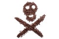 Skull of coffee beans, cheerful roger of coffee, the concept suggests that sometimes coffee can belittle death Royalty Free Stock Photo