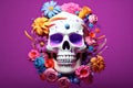 A skull with colorful patterns, adorned with flowers and festive elements on a purple background. Royalty Free Stock Photo