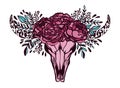 Skull cow flower floral rose.Ethnic symbol decoration native.Boho style american style.Isolated ni white background.