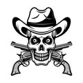 Skull in cowboy hat and two crossed pistols vector illustration in monochrome vintage style isolated on white background Royalty Free Stock Photo