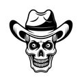 Skull in cowboy hat vector illustration in monochrome vintage style isolated on white background Royalty Free Stock Photo