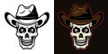 Skull in cowboy hat vector illustration in two styles black on white and colorful on dark background Royalty Free Stock Photo