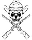 Skull cowboy in western hat and crossed gun