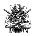 Skull cowboy in western hat and a pair of crossed gun revolver