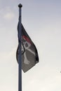 A pirate flag flying on a sunny day