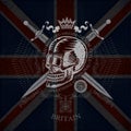 Skull with cross swords with ray and crown. Military heraldic habel on Britain flag