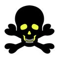 Skull and crossbones. Silhouette with glowing eyes. Vector illustration. Pirate symbol. Jaw with straight teeth.