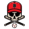 Skull with Crossed Baseball Bat and Wearing A Cap Logo Badge