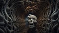 A skull is in a dark tunnel with many different shapes, AI