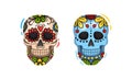 Skull Decorated with Paints as Mexican Symbol and Attribute Vector Set