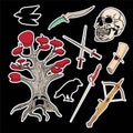 Skull, dragon, black raven, dagger. MAGIC STICKERS for Halloween