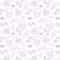 Skull With Eyes. Cute Halloween Background. Seamless Pattern Background.