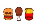 Skull fast food. burger and fried chicken leg and French fries. Harmful food. not healthy fastfood Royalty Free Stock Photo