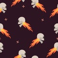 Skull in flame. Fire skeleton. Seamless pattern illustration. Wallpaper element