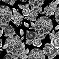 Skull and Flowers Monochrome Seamless Background