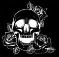 silhouette Skull with flowers, with roses. Drawing by hand. Illustration