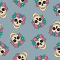 Skull with flowers seamless pattern. Day of the Dead Skull, Dia de los Muertos. Halloween elements on blue background Royalty Free Stock Photo