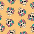 Skull with flowers seamless pattern. Day of the Dead Skull, Dia de los Muertos. Halloween elements on yellow background Royalty Free Stock Photo