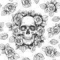 Skull with flowers. Sketch skulls with roses gothic artwork, repeat graphic print wallpaper, textile texture seamless