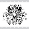 Skull front view in center of floral pattern and cross torches. Heraldic vintage label on white