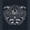 Skull front view in center of floral pattern with cross vintag guns and sabers. Heraldic vintage label on black