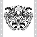 Skull front view in center of floral pattern with cross vintag guns and sabers. Heraldic vintage label isolated