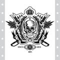 Skull front view in center of laurel wreath with cross sabers and arrows. Heraldic vintage label on white