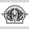 Skull front view in center laurel wreath with cross sabers and cross arrows. Heraldic vintage label isolated