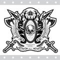 Skull front view in center of oval wreath wrapped by ribbon with cross sword and axe. Heraldic vintage label isolated