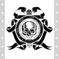 Skull front view in center of round belt and winding ribbon pattern. Heraldic vintage label isolated on white