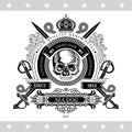 Skull front view in center of round ribbon with cross sabers behind. Marine label isolated isolated